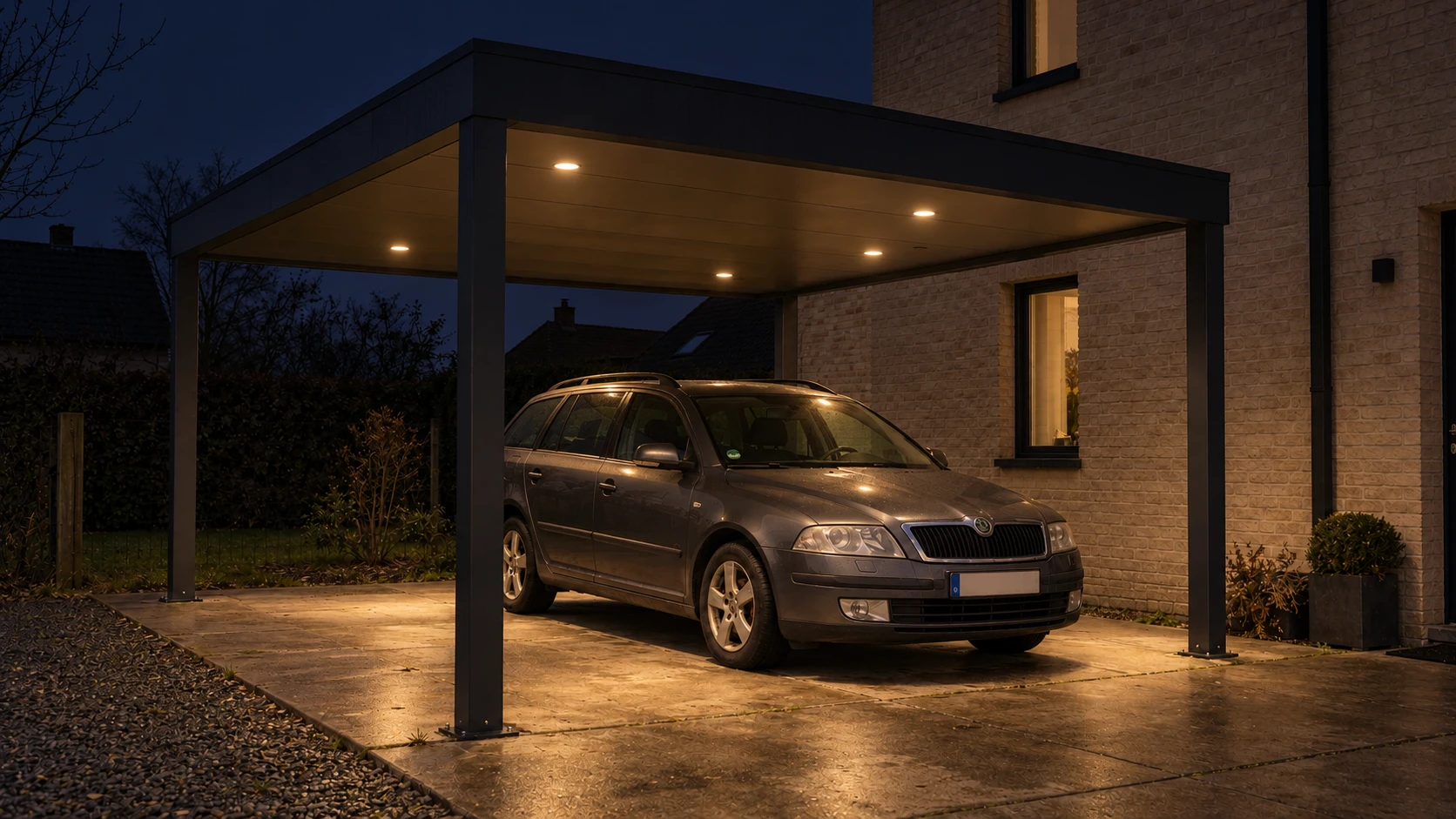 AI-ontwerp van een donkere carport naast een woning, met warme plafondverlichting en een geparkeerde auto