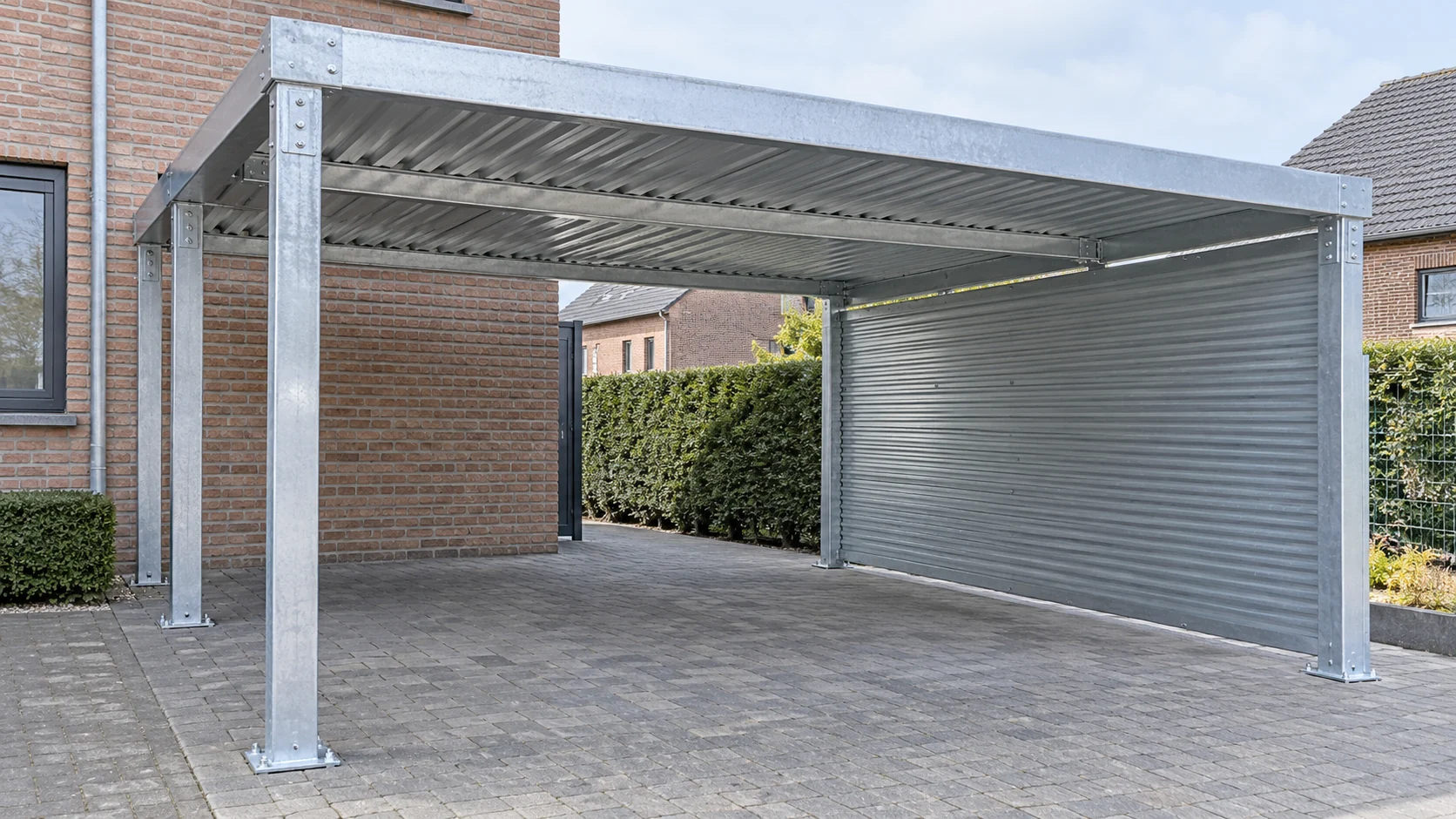 AI-ontwerp van een zilvergrijze metalen carport met stalen staanders, metalen dak en zijafscherming